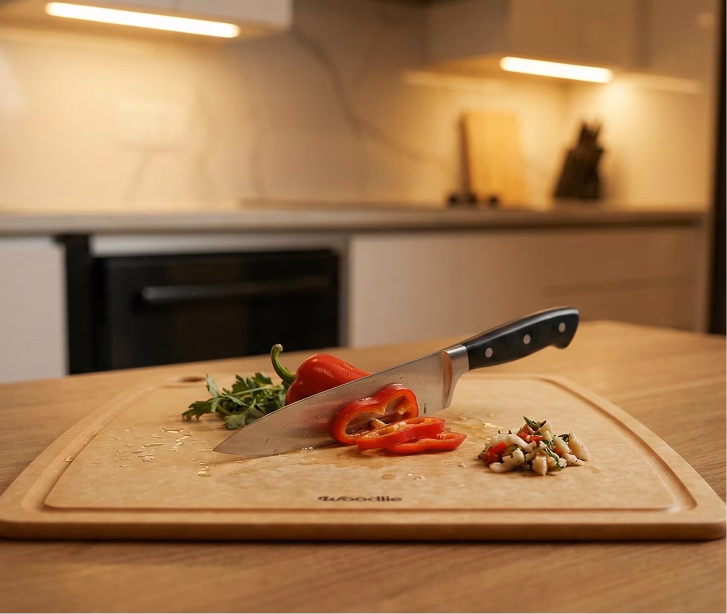 Woodlie snijplank met mes en paprika